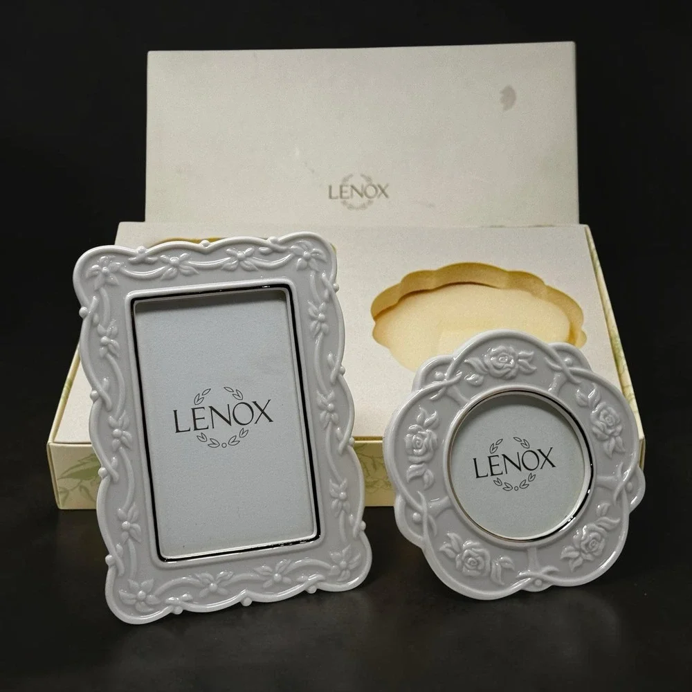 Lenox Cottagecore Picture Frame Set NIB White Porcelain Floral Rose 4x6 & Round